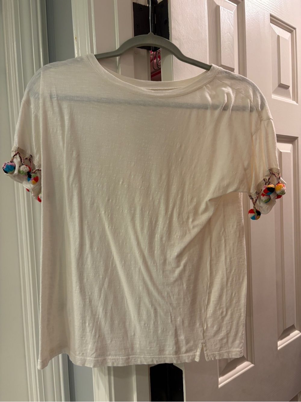 Cream Short Sleeve Tee with Colorful Pom Pom Trim